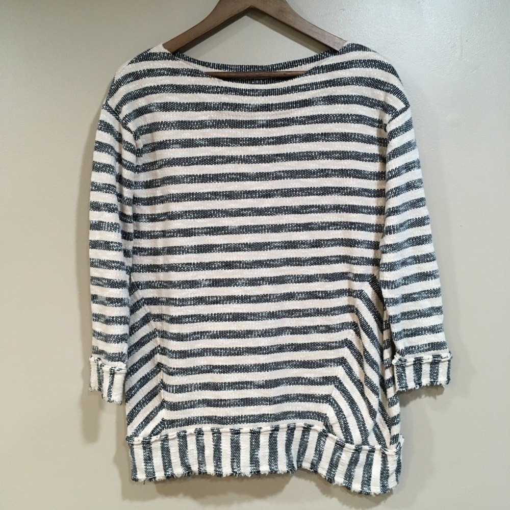 Soft Surroundings Nautical Top Womens PM Navy Tan Stripe Boatneck Fisherman Boho